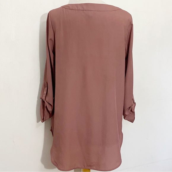 MOSSIMO lace stripe high low hem tab sleeve longer length polyester crepe top L - Picture 5 of 7